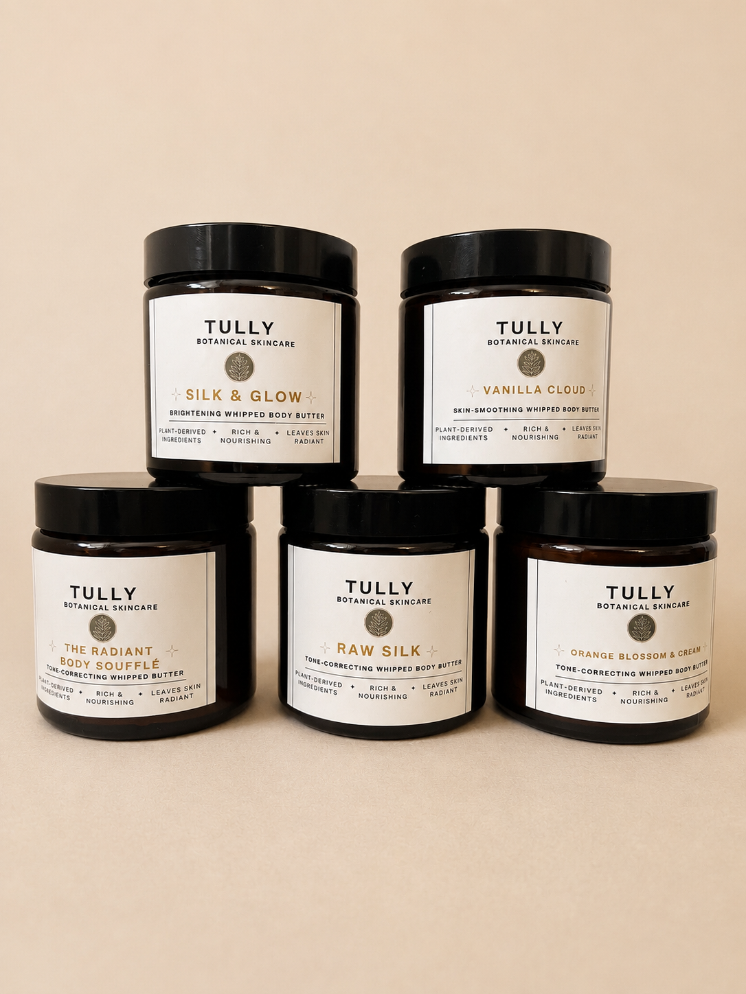 Tully Botanical Golden Glow waterless body butter in a warm botanical evening skincare setting