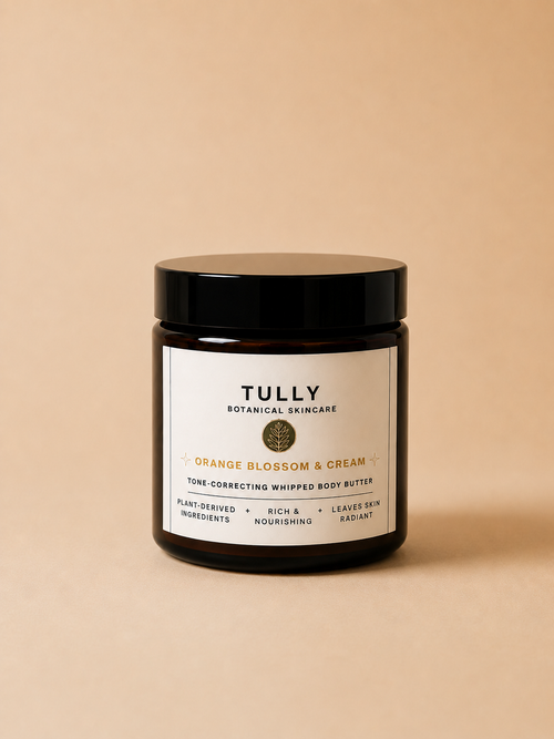 Tully Botanical Orange Blossom & Cream waterless whipped body butter in amber glass jar