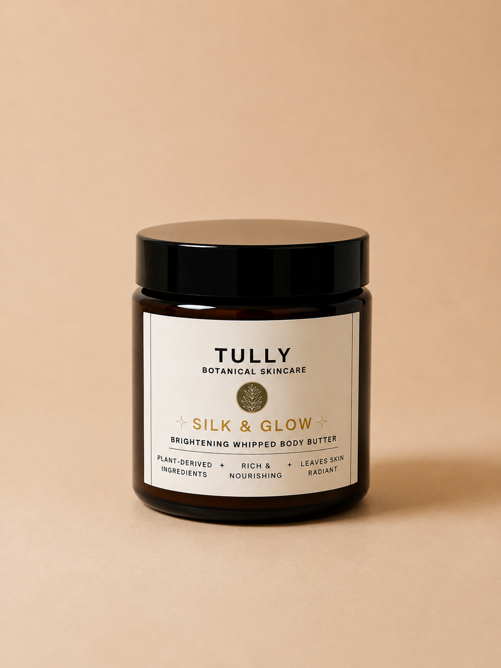 Tully Botanical Silk & Glow brightening waterless whipped body butter in amber glass jar