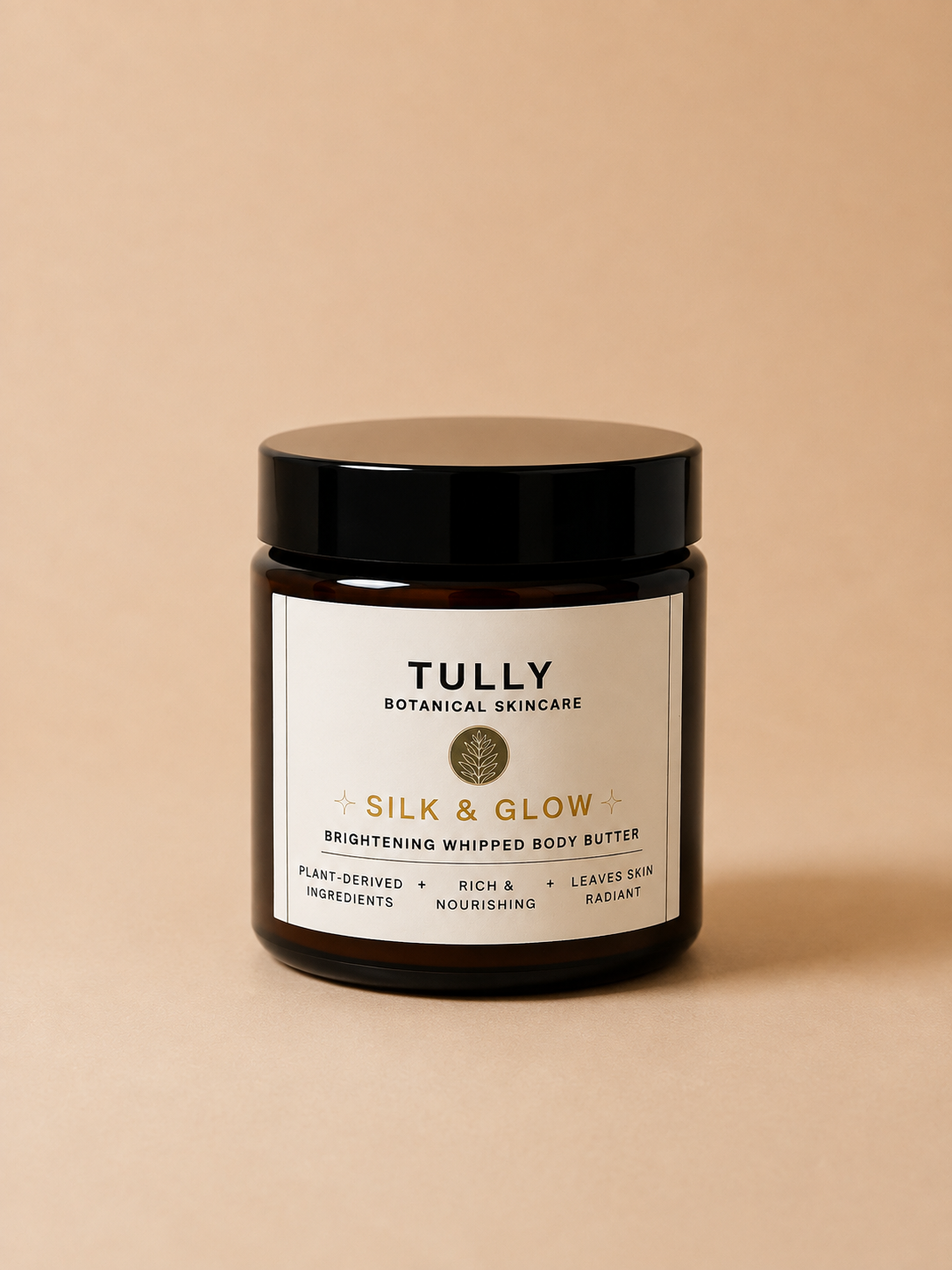 Tully Botanical Silk & Glow brightening waterless whipped body butter in amber glass jar