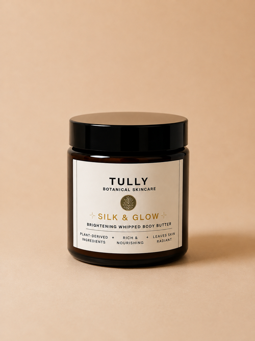 Tully Botanical Silk & Glow brightening waterless whipped body butter in amber glass jar